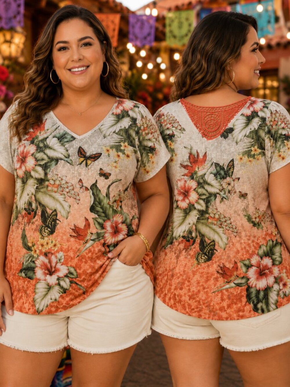 Title: Time and Tru Floral Butterfly V-Neck Shirt – Size XL